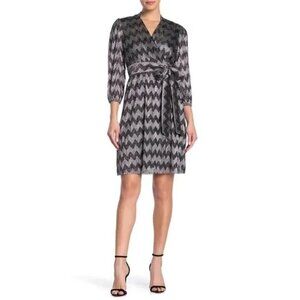ELIZA J Faux Wrap DRESS Size 2 LINED Balloon Sleeves SURPLICE Shimmer CHEVRON